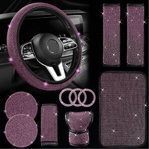10 Pc Pink Rhinestone Car Accessory Set